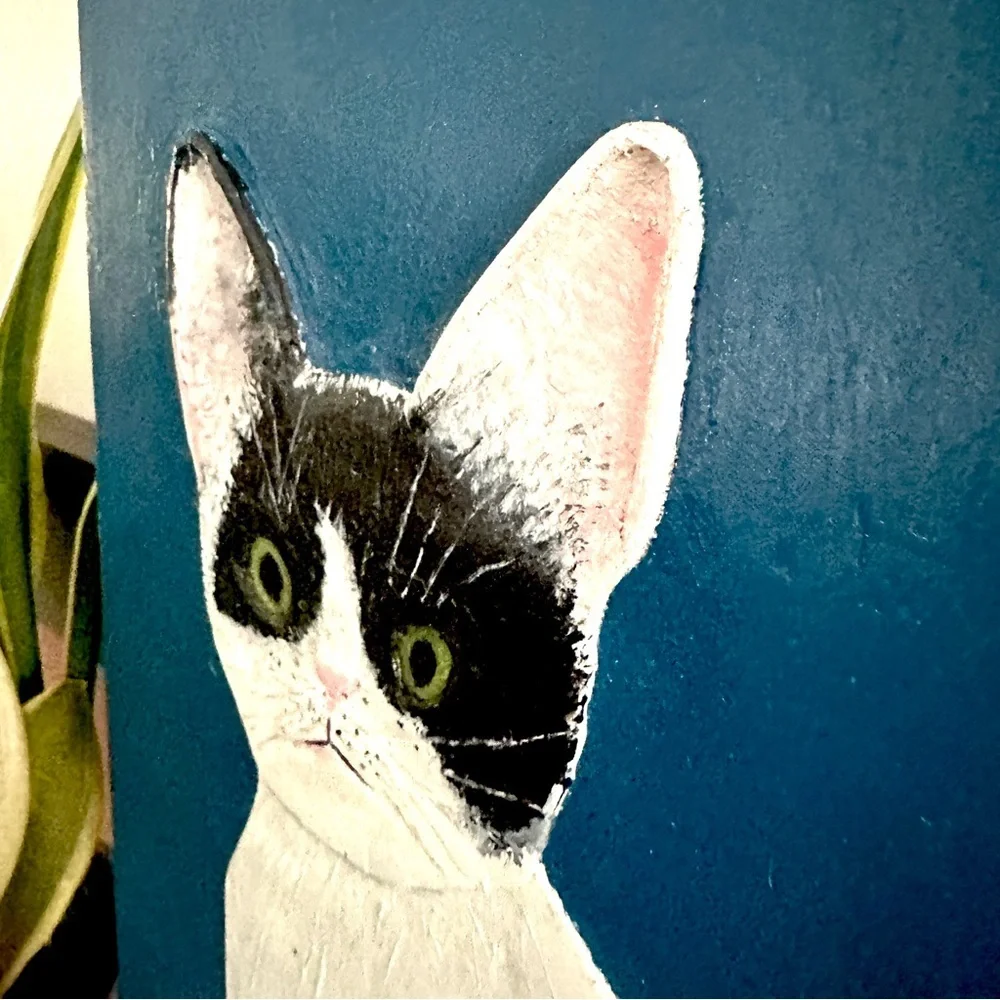 Original Cat Painting 3D Wood Wall Art Black & White Cat Quirky Art Blue Decor
